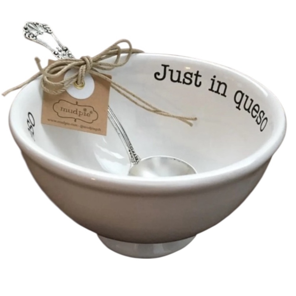 Mud Pie JUST IN QUESO Dip Set White Bowl Silver Engraved Spoon NWT - Picture 4 of 6